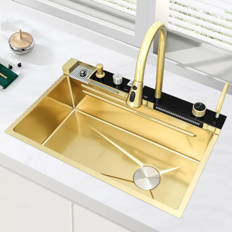 Luxo ouro cor aço inoxidável inteligente cozinha fazenda pia ouro fluxo multifuncional cachoeira cozinha pia