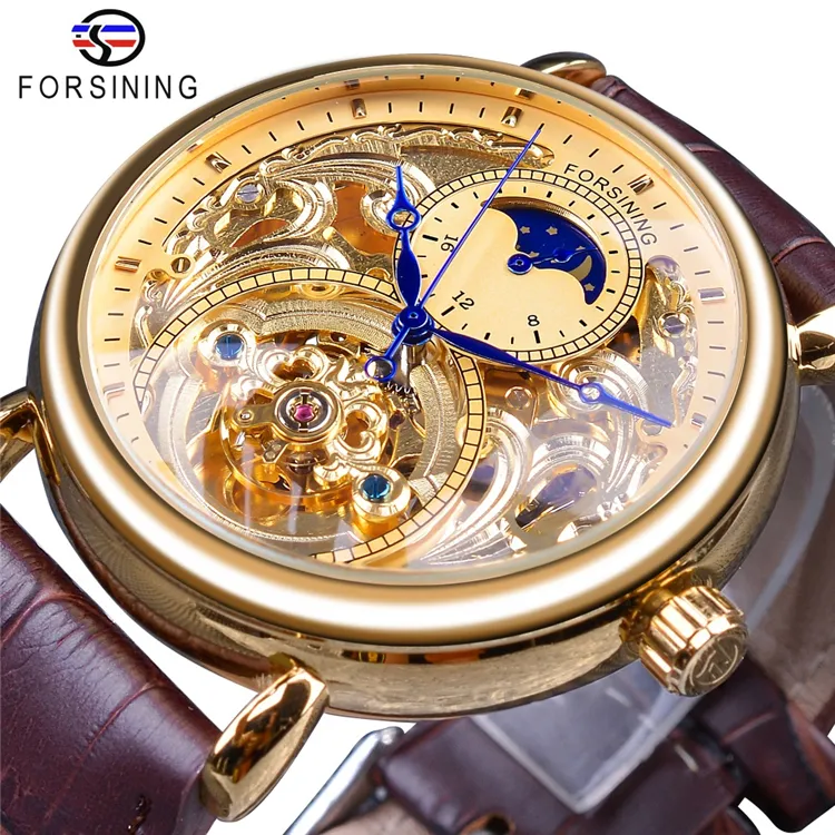 FORSINING GMT1125 Golden Display Fasi Lunari del Brown del Cuoio Genuino Di Modo di Disegno Blu Mani Mens Orologio Meccanico