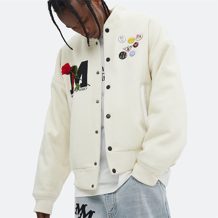OEM Custom Embroidery Varsity Jackets Winter 100% Wool Rose Fleece Letter Bomber Jacket 4