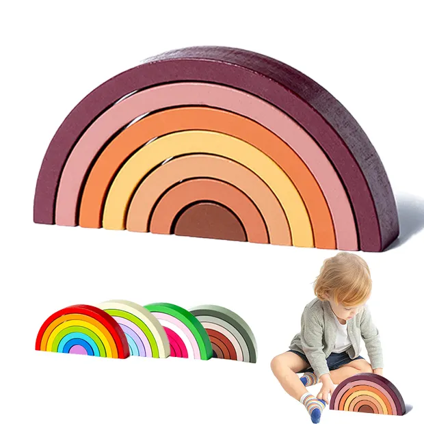 MG24 Montessori Holz Regenbogen Bausteine Stapels pielzeug 10 Stück Regenbogens tapler Frühes Lernspiel zeug für Kinder Regenbogen blöcke