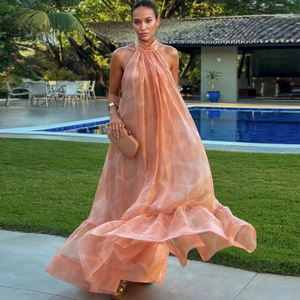 AELESEEN tatil eklenmiş kıvrımlar Backless Robe kadınlar için Haler kolsuz gevşek artı boyutu nokta baskı mizaç elbiseler kadın