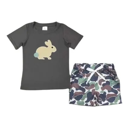 Conjunto de roupas infantis de Páscoa para bebês meninos, camisa de coelho de manga curta bordada de verão, roupas fashion camufladas