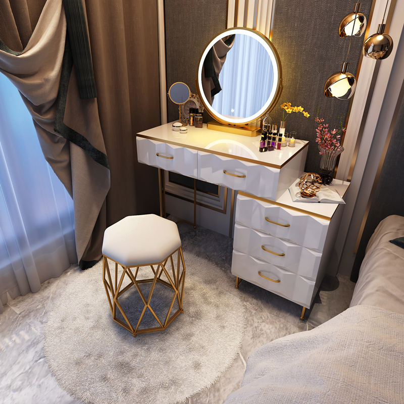 Table de commode + Cabinet + miroir de LED + tabouret de nid