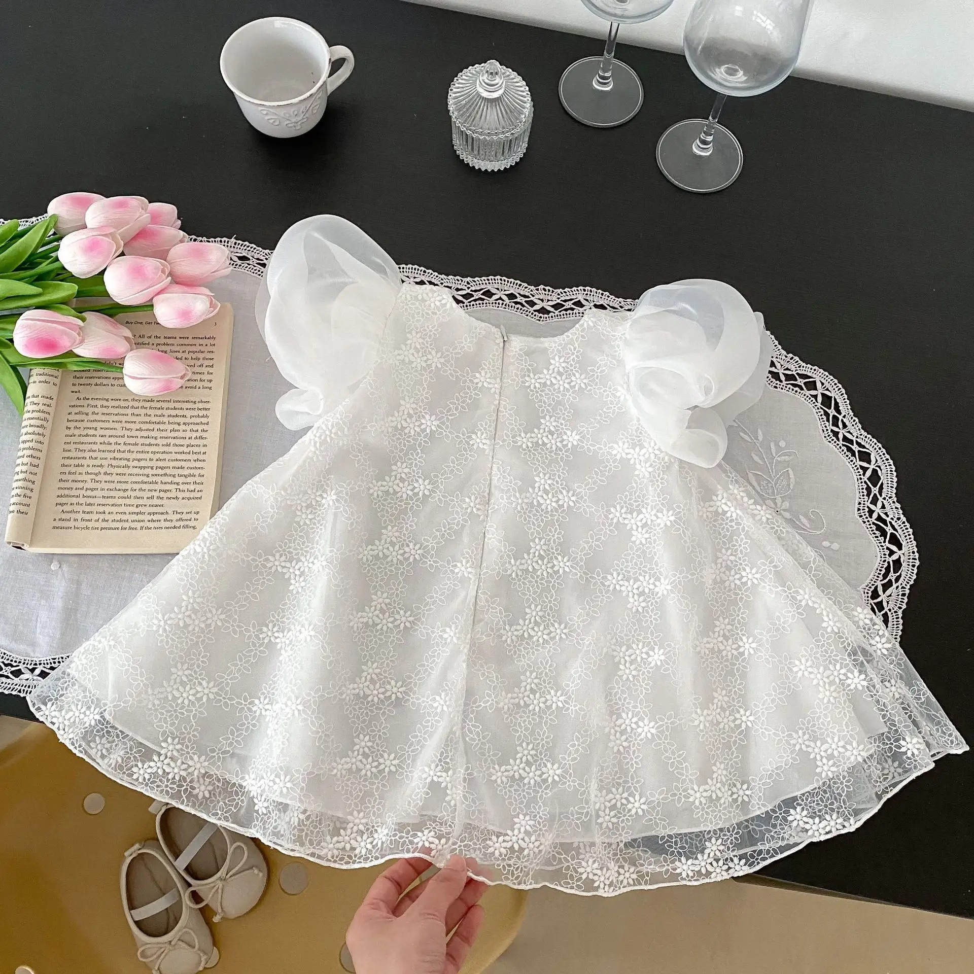 Crianças lolita lace pequena princesa anna tule batismo festa verão criança menina crianças bebê vestido