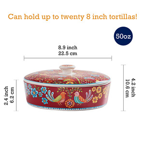 Kırmızı bahar kuş mutfak seramik 8.8 inç meksika Tortilla isıtıcı Tortilla sunucu kapaklı - Product Image 5