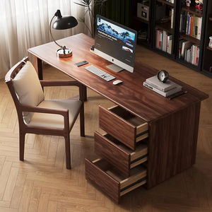 Durable New Chinese Style Real Walnut Wood Laptop <strong>Table</strong> with 3 Drawers Office Home 1.4M Dark Study <strong>Computer</strong> Desk for Storage - Product Image 3