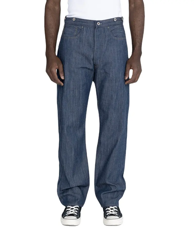 Celana kargo pria, celana kargo dengan kantong samping, jeans kain denim kasual pinggang tinggi lurus modis pria baru