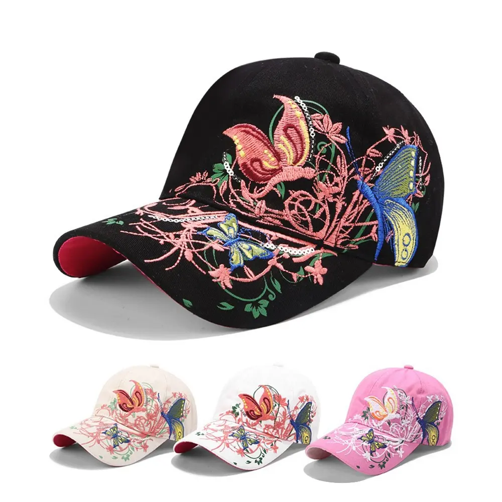 Cappelli da camionista ricamati con disegno a farfalla da donna cappellino da Baseball con paillettes cappello da Golf lavabile in Denim regolabile