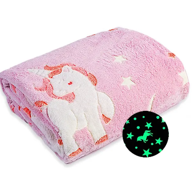 Manta de felpa de franela personalizada para niños, manta luminosa de unicornio de neón, mágica, brilla en la oscuridad, todas las estaciones