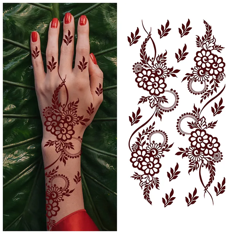 Adesivi per tatuaggi temporanei all'henné marrone personalizzati modello in pizzo tatuaggi finti mistero adesivo all'henné impermeabile con fiore di Mandala Sexy