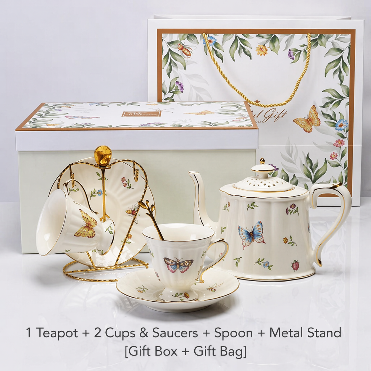 1 Tetera 2 Tazas y Platillos Cuchara Soporte de Metal Caja de Regalo + Bolsa de Regalo