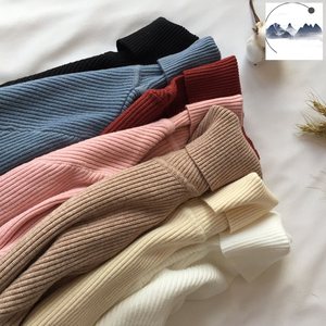 Triko üretici özel sonbahar kış bej polo yaka uzun kollu kaburga örgü kadınlar uzun kazak elbise - Product Image 1