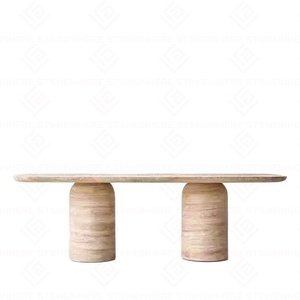 Bắc Âu thiết kế mới đá tự nhiên đồ nội thất màu be travertine Bàn Ăn Tròn chân travertine bảng hình bầu dục để bán - Product Image 3