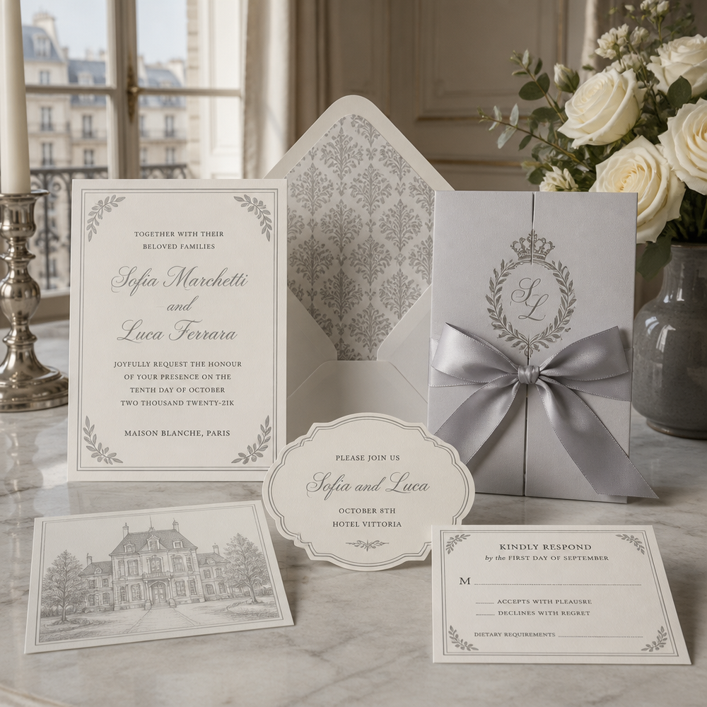 French Pearl Grey Wedding Invitation