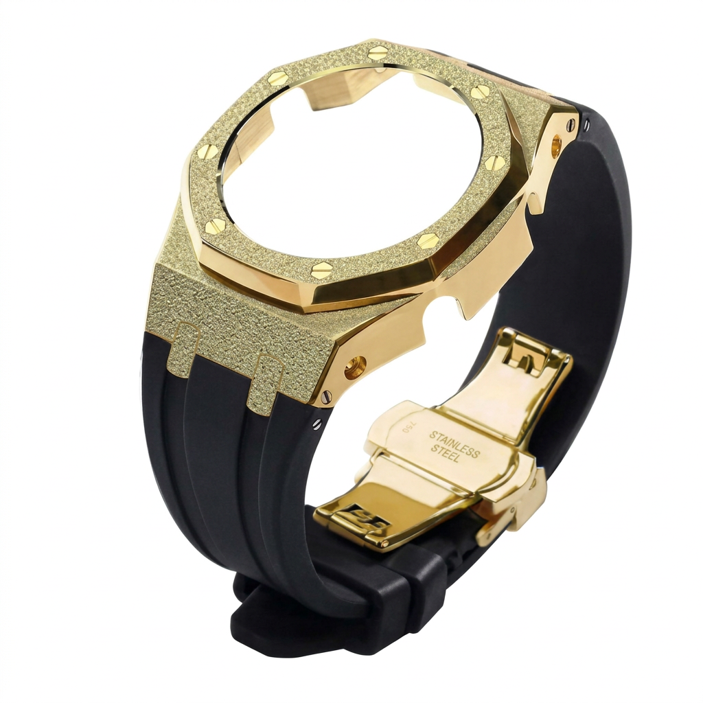 gold case-black silicone strap