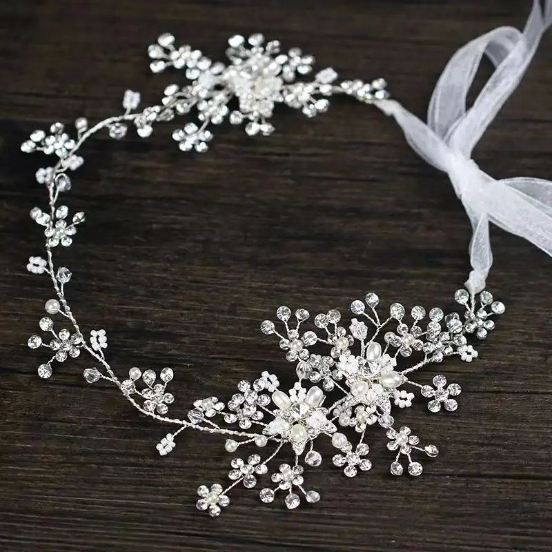 Ngọc Trai Rhinestone Hoa Cô Dâu Headband Pha Lê Đám Cưới Tóc Trang Sức Cô Dâu Mũ Nón Đảng Prom Phụ Kiện Đồ Trang Sức