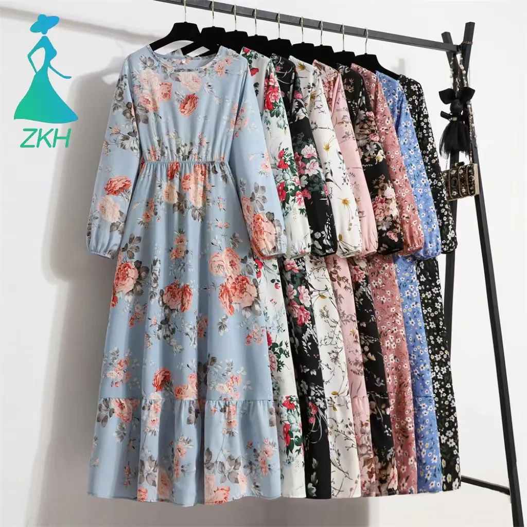 Đầm Maxi Nữ Mùa Xuân 2022 Đầm Dài Dạ Tiệc Đi Biển Cổ Tròn In Hoa Tay Dài Thường Ngày
