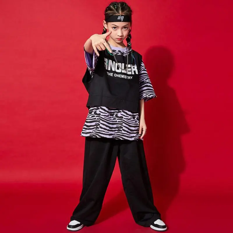 Ropa de baile callejero de Hip Hop para niños, camiseta de cebra de gran tamaño, pantalones, trajes de Jazz para niñas, niños, traje de baile, ropa