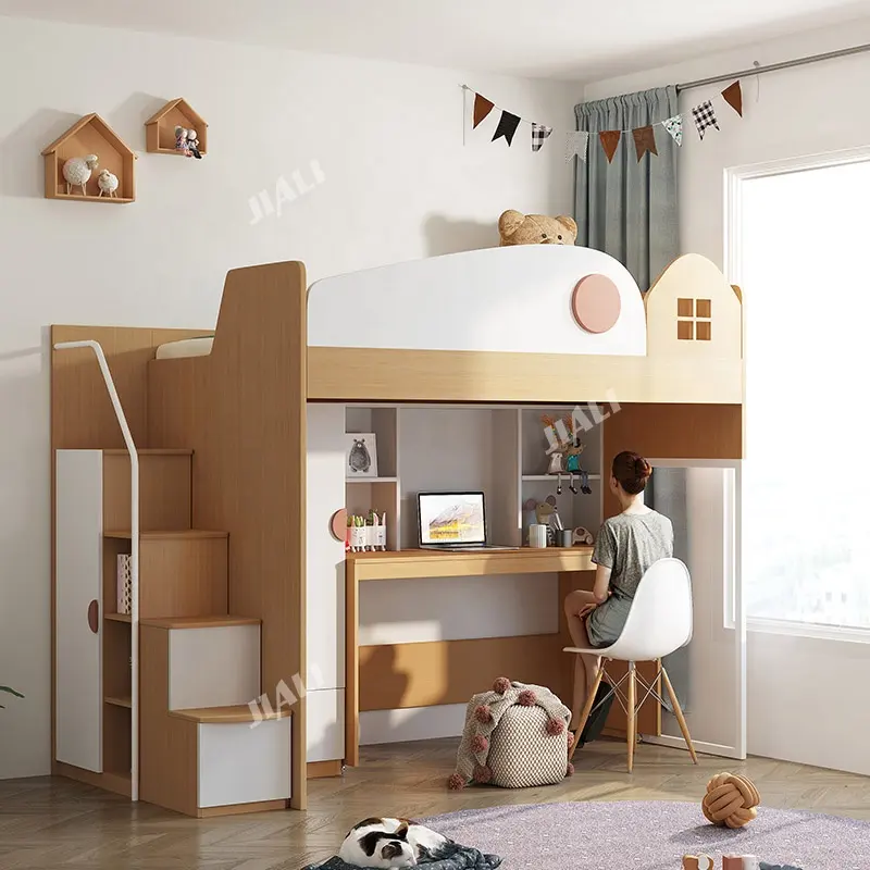 Nordic Custom Designs School Apartment Single Kids Child Double Loft letto A castello con scrivania tavolo da studio In letto A castello In legno In vendita