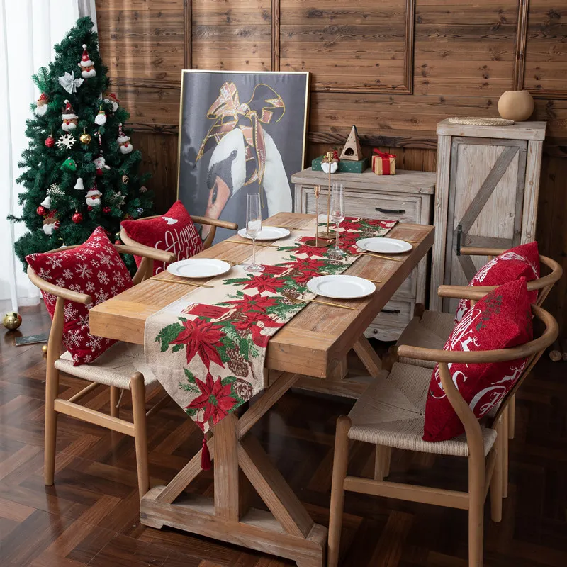 Camino de mesa Rectangular de algodón y poliéster, tejido jacquard teñido, para Navidad