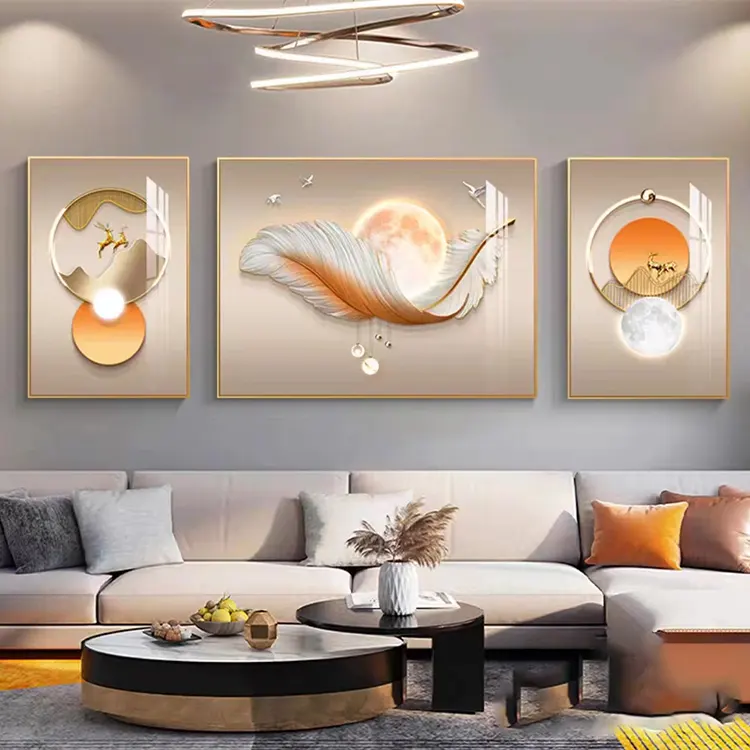 Pintura decorativa moderna y sencilla para sala de estar, Tríptico de plumas de lujo, pintura mural colgante de Arte de pared de naturaleza muerta de alta calidad