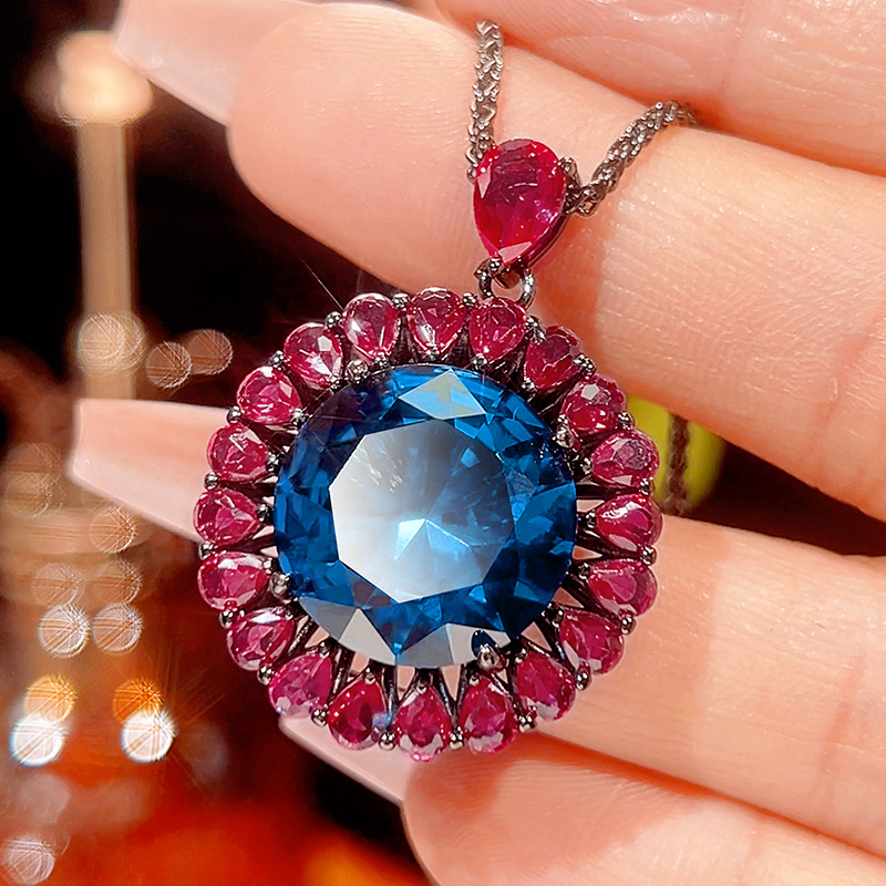 Black gold Blue pointed crystal pendant with Chopin chain