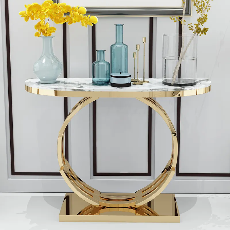 Table console haut de gamme en acier inoxydable, de luxe, couleur marbre, or rose brillant