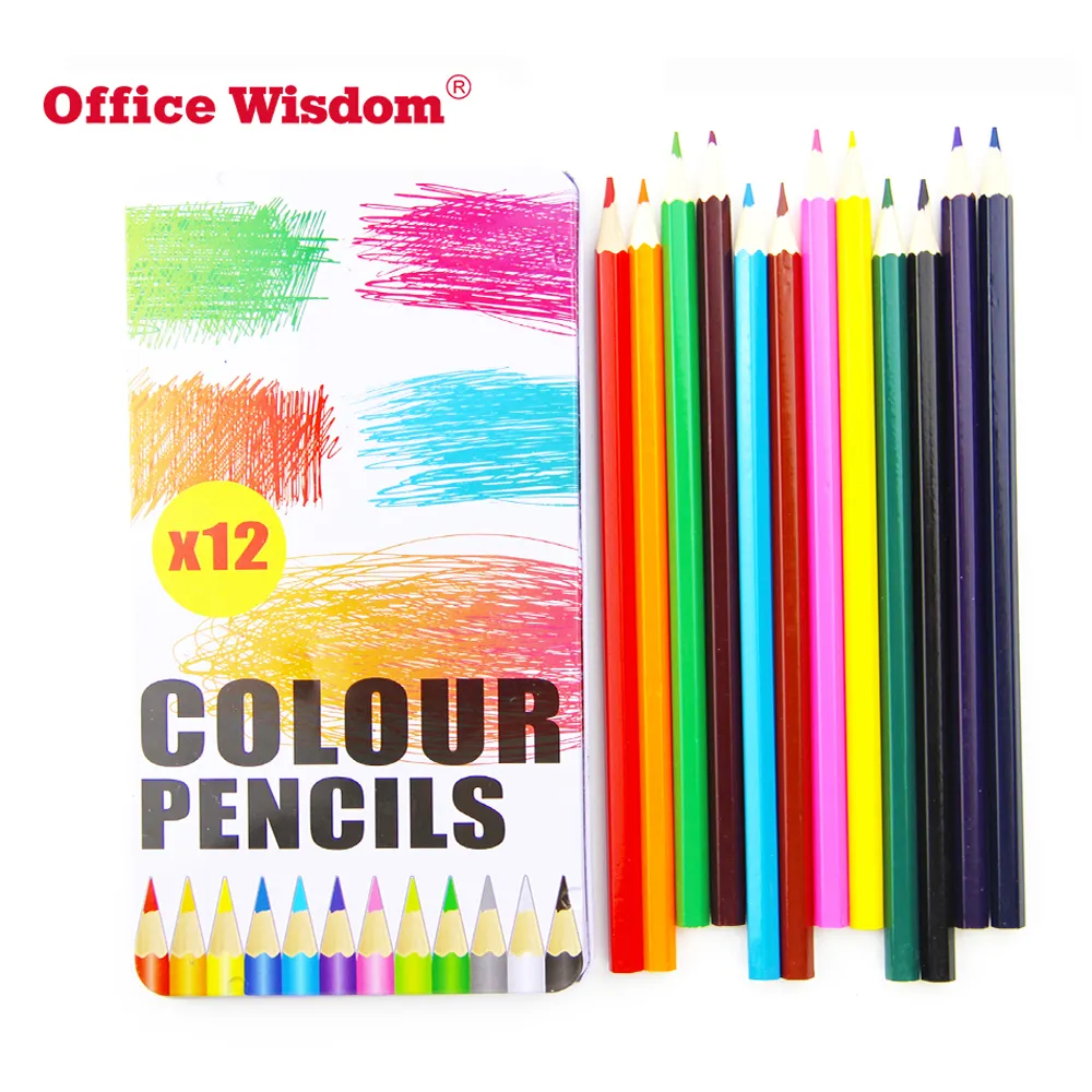Haute qualité en bois de 12 couleurs crayon de couleur crayon ensemble avec boîte en métal crayon à colorier pour enfants cadeau
