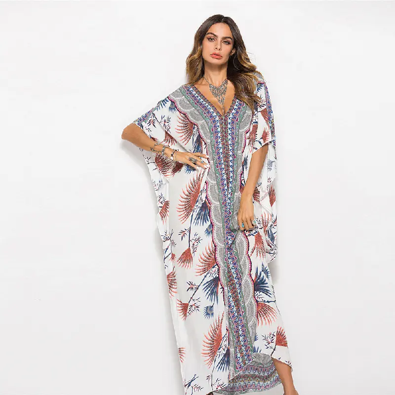 Women Loose Batwing Sleeve Robe Kaftan Dress Women V Neck Long beach dress cover up Summer Floral Gown Maxi Female Dresses