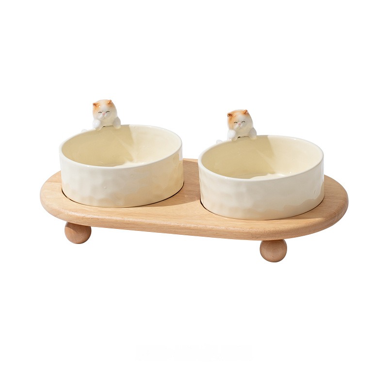 Cat+Double Bowl+Round Holder