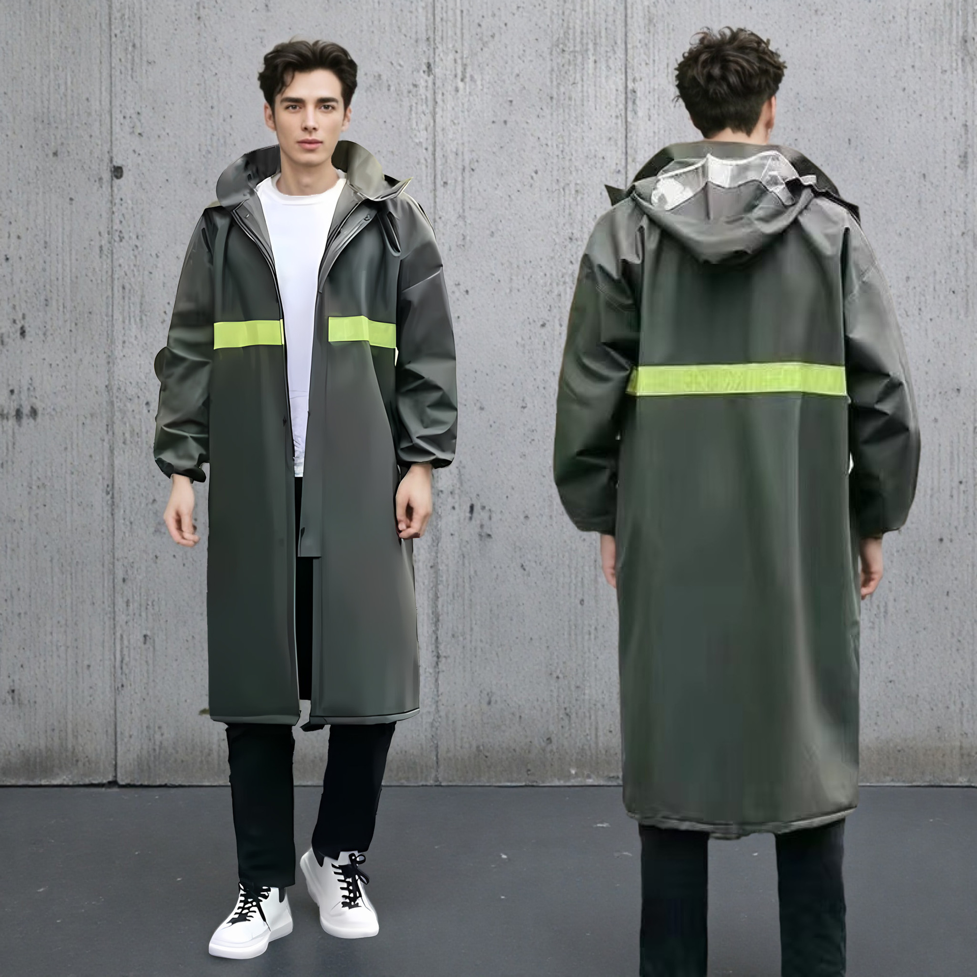 Green Extra-Thick Raincoat with Reflective Details and Pockets