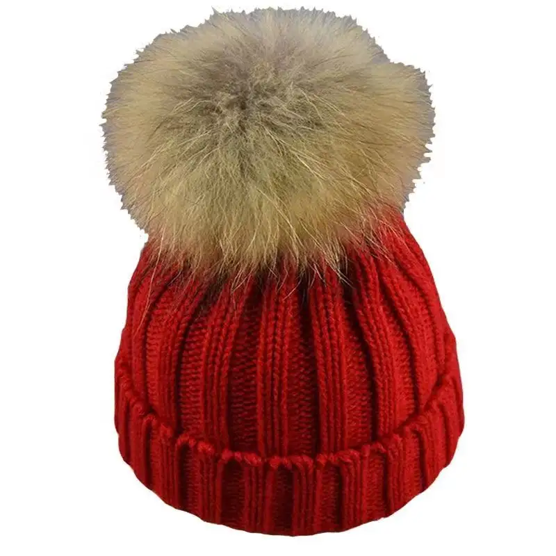 Ruimantike, sombrero de invierno de alta calidad para mujer, pompón de piel de zorro tejido de lujo con cable para mujer, gorro de calavera acanalado con puños para niños