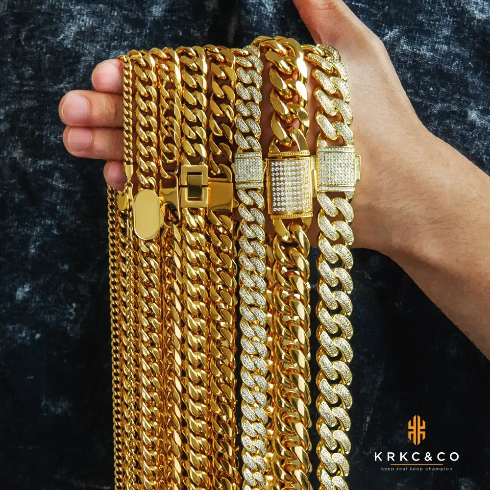 Benutzer definierte Goldkette 14 Karat echt vergoldet Prong Iced Out Schmuck Diamant Halskette Männer Edelstahl Miami Cuban Link Chains