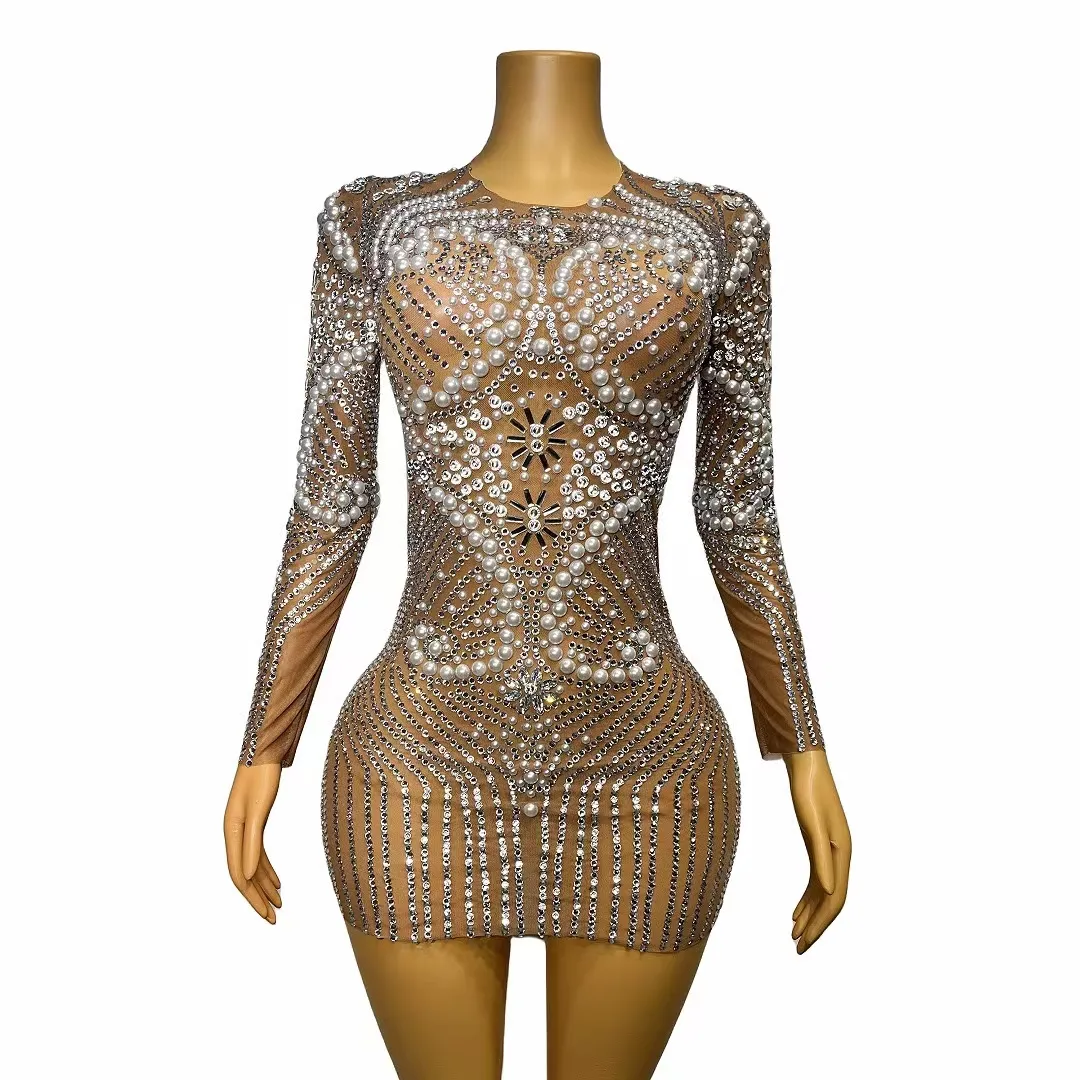 Vestido bodycon brilhante transparente com pérolas, vestido de noite para mulheres, roupas plus size, vestido de festa com diamantes sexy para boate