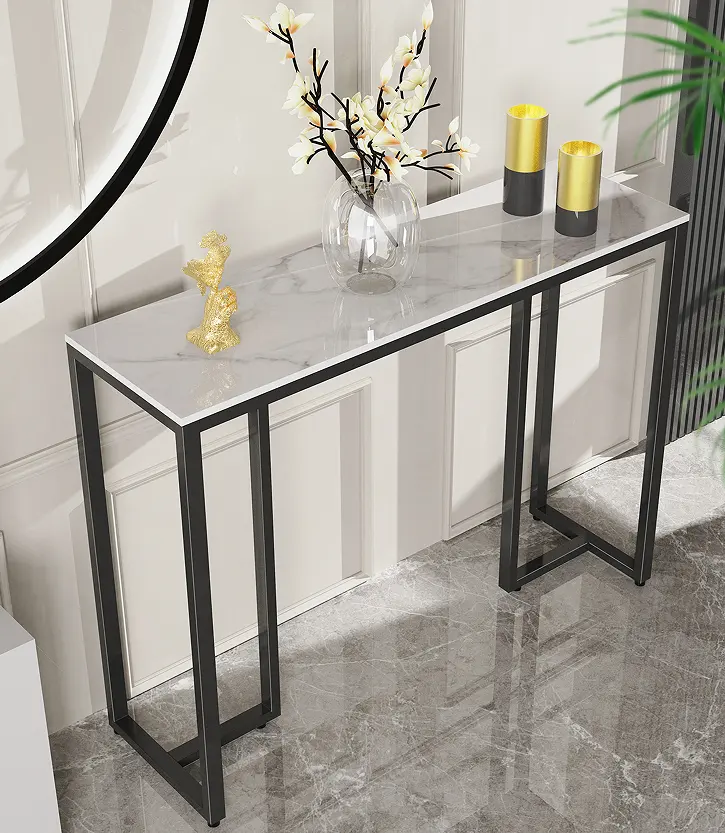 Table de porche de Long couloir nordique moderne, Table de Console en marbre d'entrée avec pieds en métal noir