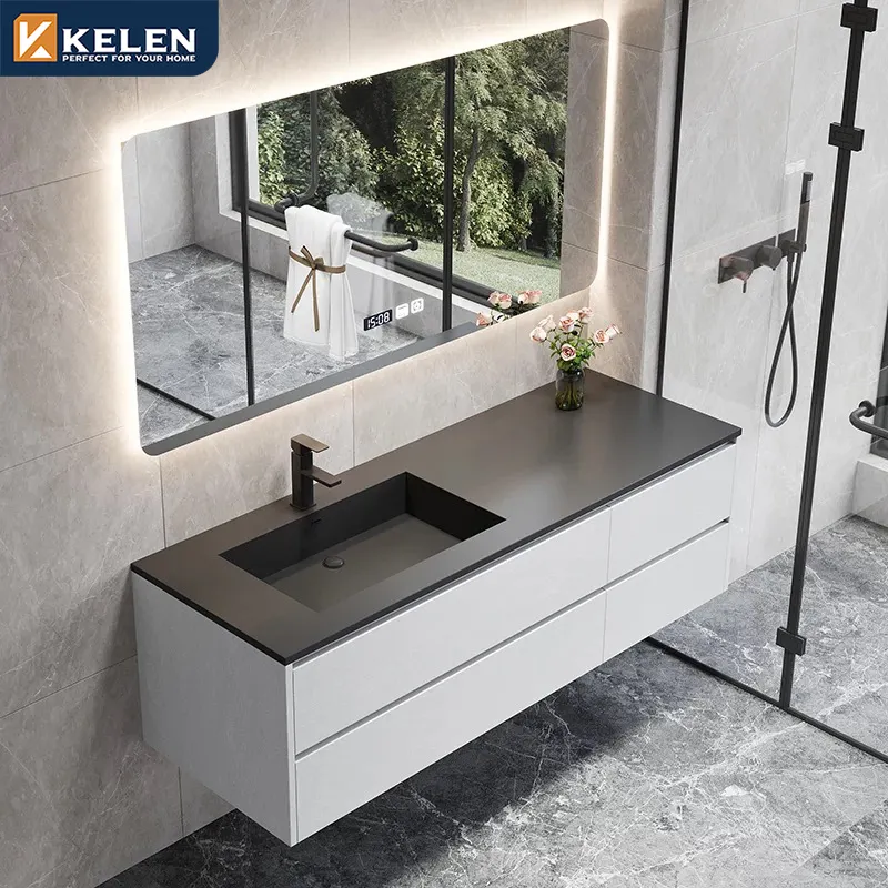 Kelen 2024 personalizado luxo quartzo contador conjunto pronto feito espelho pequeno parede de madeira montado moderno pia banheiro armário vaidade