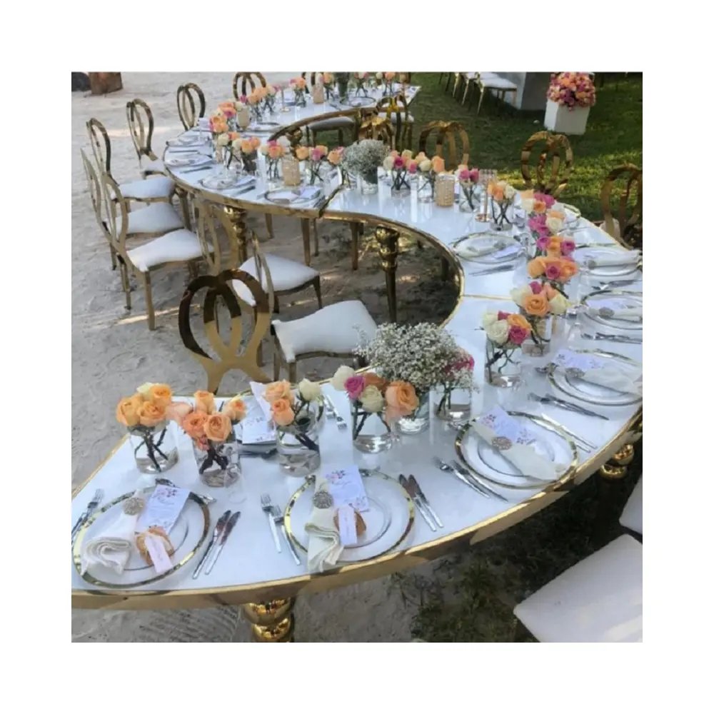 Altın paslanmaz çelik ayna cam yuvarlak S şekli yemek düğün masa parti sandalyeleri ve ay serpantin tabloları