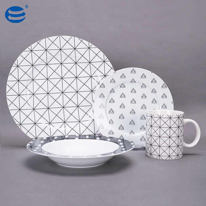 Conjunto de jantar em porcelana estilo moderno, prato de cerâmica para jantar, prato de arte em linha branca e preta, novo conjunto de porcelana óssea, 20 unidades