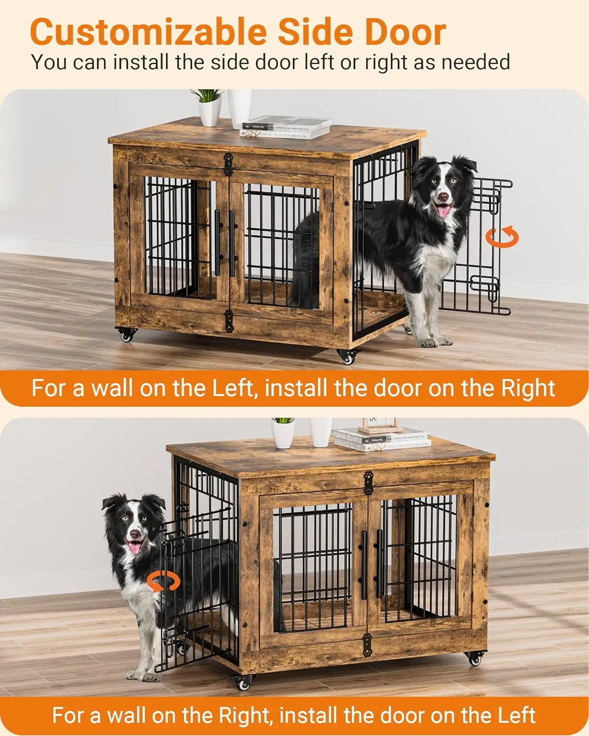 Indoor End Table Pet House Duty Double Doors Wooden Dog Cage Dog Crate Furniture with Cushion   Wheels