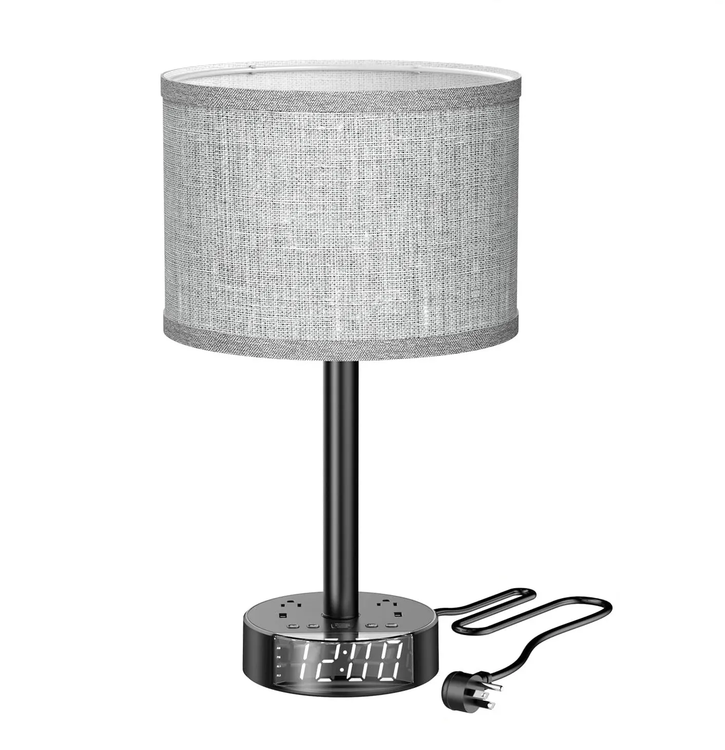 Support de nuit 2 prises de courant AC 2 Base de réveil USB cordon d'extension de 6 pieds abat-jour en tissu gris lampes de Table d'accent modernes