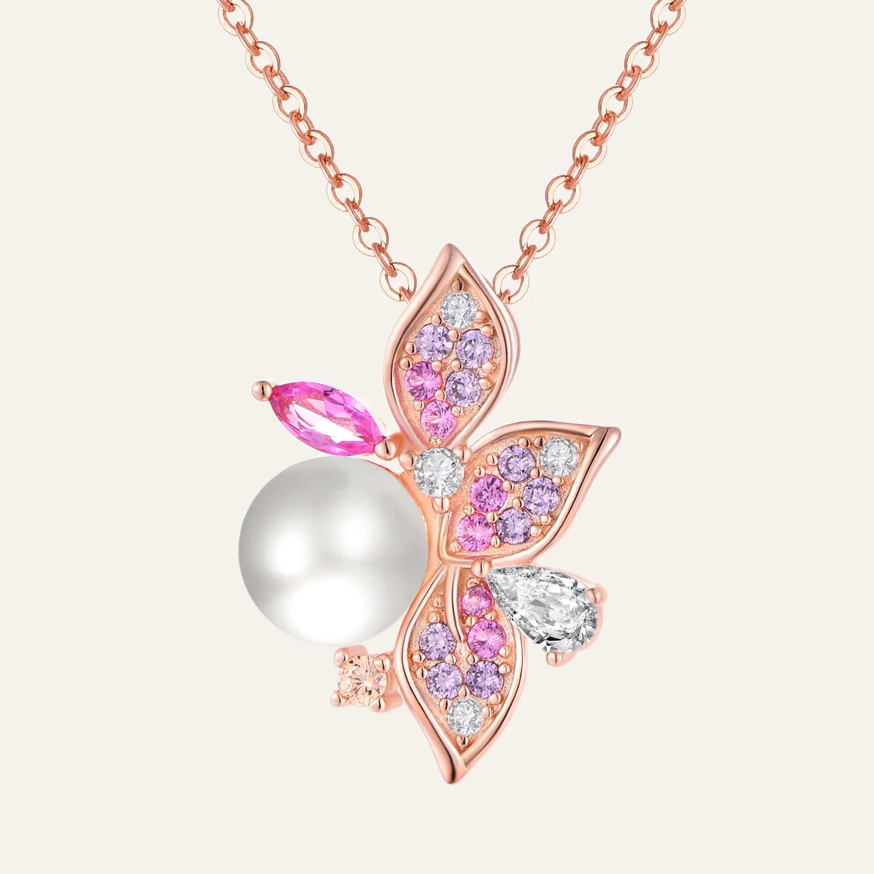 Venta al por mayor de oro rosa de diamantes de imitación perla Spinner flor collar giratorio S925 collar de plata esterlina para las mujeres