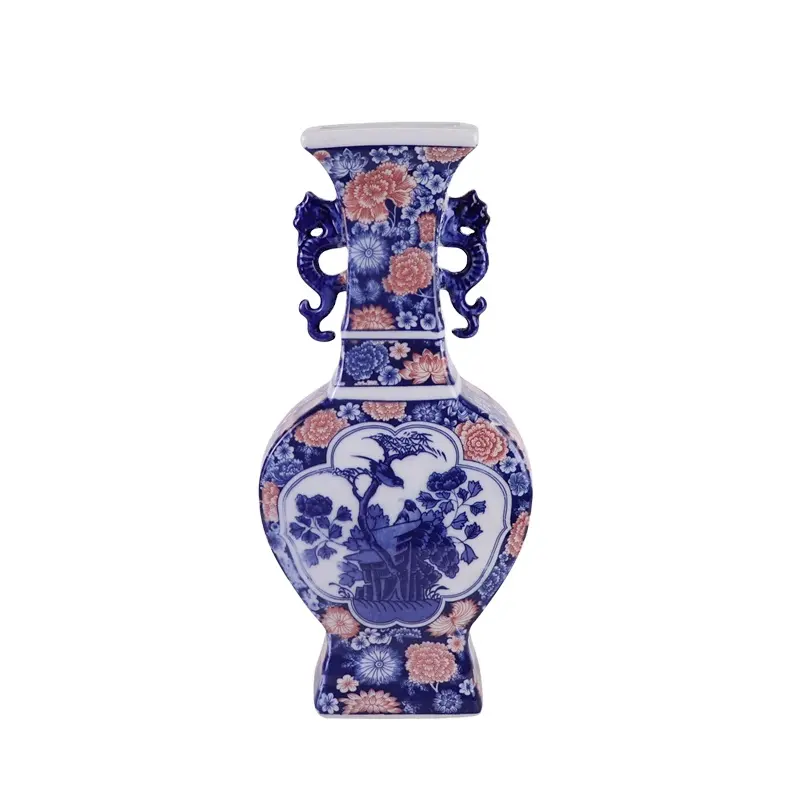 Vase à fleurs en céramique de forme carrée avec oreilles, bleu et blanc, sous-verre, fenêtre ouverte rouge, fleur et oiseau, RZGM09-A