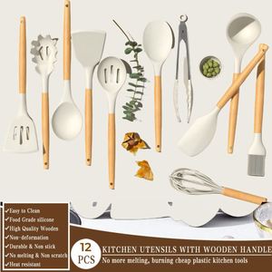 <strong>12</strong>-<strong>Piece</strong> Complete Non-Stick Cooking Silicone Kitchen Utensil Set with Wooden Handle Disposable Kitchenware Kit