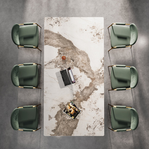 Mesa de comedor de mármol moderna rectangular de alta gama de 2m de largo y 10 plazas con tablero de pizarra Pandora y base dorada de acero inoxidable - Product Image 6