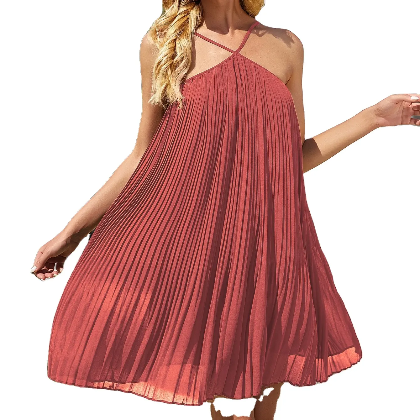 Sommer Hot Plissee Kleid Chiffon Kawayi Lady Kleid Backless Beach Solid Mini kleid