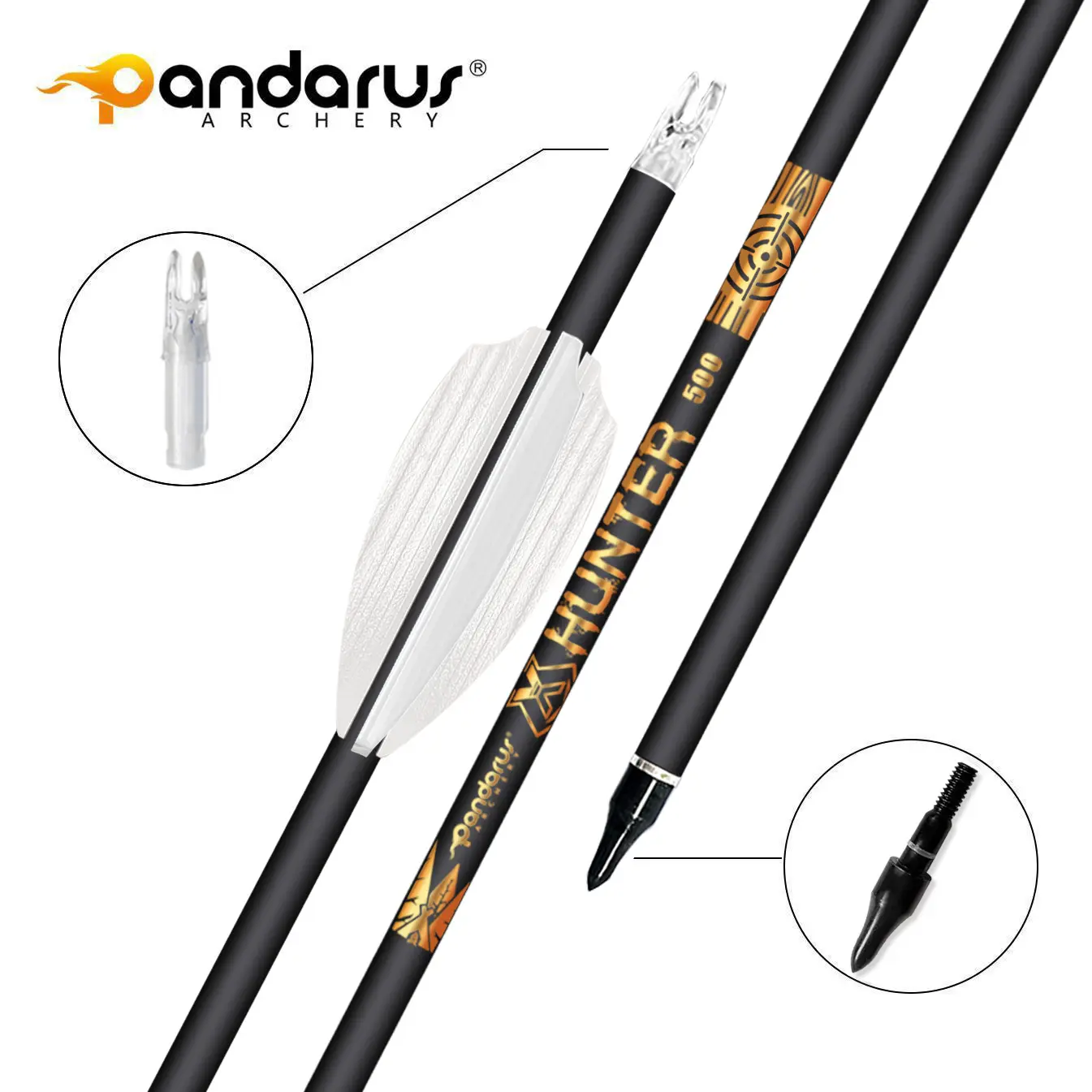 PANDARUS Flecha de tiro com arco composto X Hunter de carbono puro 6.2mm ID com ponta substituível para tiro de caça