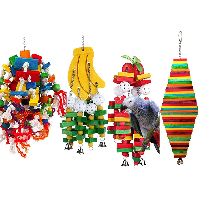 Mainan Burung Beo Peliharaan Kayu Tahan Lama Mengunyah Mainan Besar Berwarna-warni Burung Beo Macaw Peliharaan Burung Ayunan Mainan
