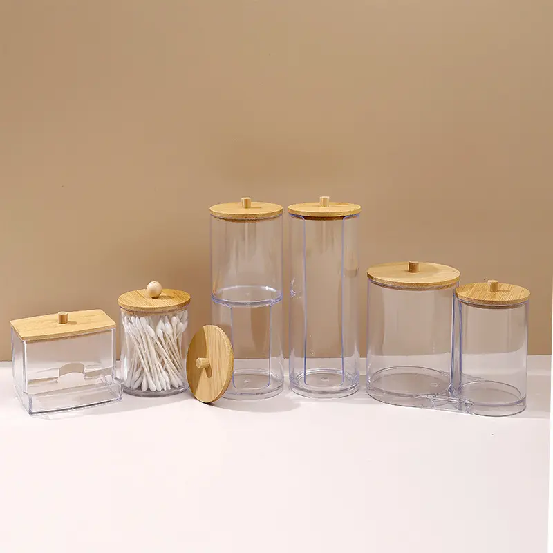 Caja de almacenamiento de maquillaje transparente Organizador de hisopo de algodón Soporte cosmético Cubierta de madera