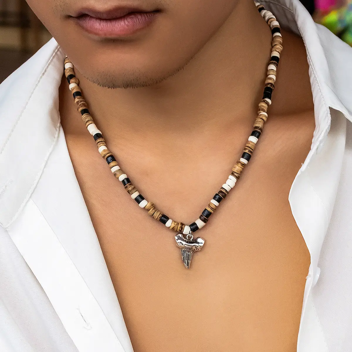 Simple nouvelle personnalité Boho Style hommes collier de perles couleur mélangée perles de bois rétro discothèque Hip Hop mode hommes bijoux