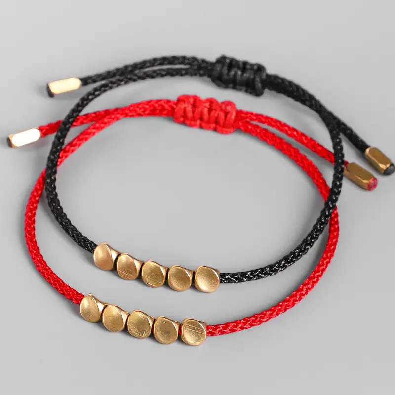 Handgemaakte Verstelbare Kralen Lucky Zwart Rood Touw Gevlochten Touw Armband Onregelmatige Koperen Kralen Armband Voor Paar